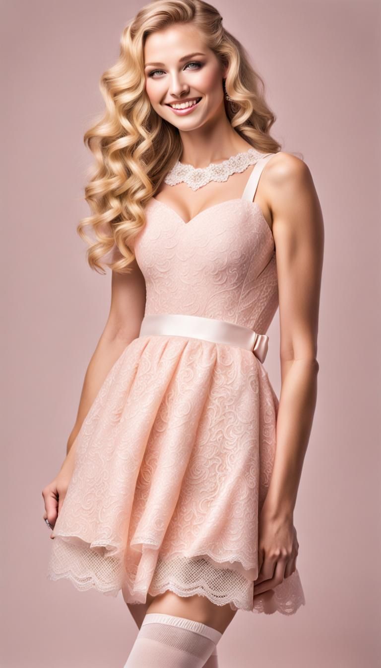 Smiling Teenager with Blonde Hair in Pink Dress