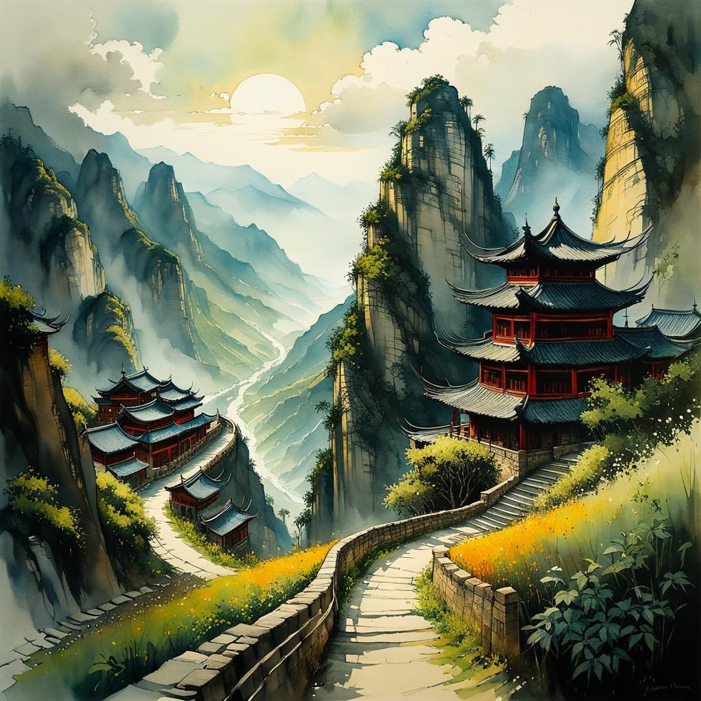 Chinese Village on Mountain Path, Watercolor Art