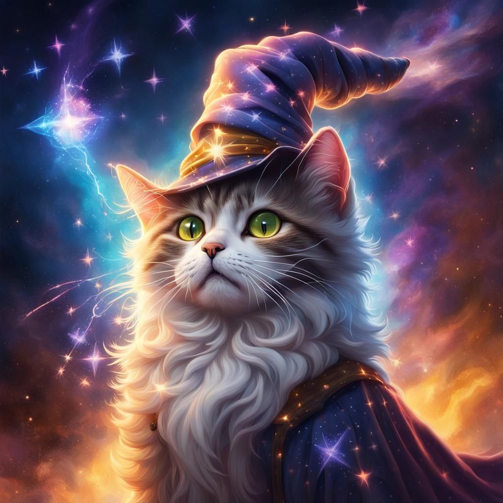 Wizard Cat Conjuring a Galaxy in Splash Art