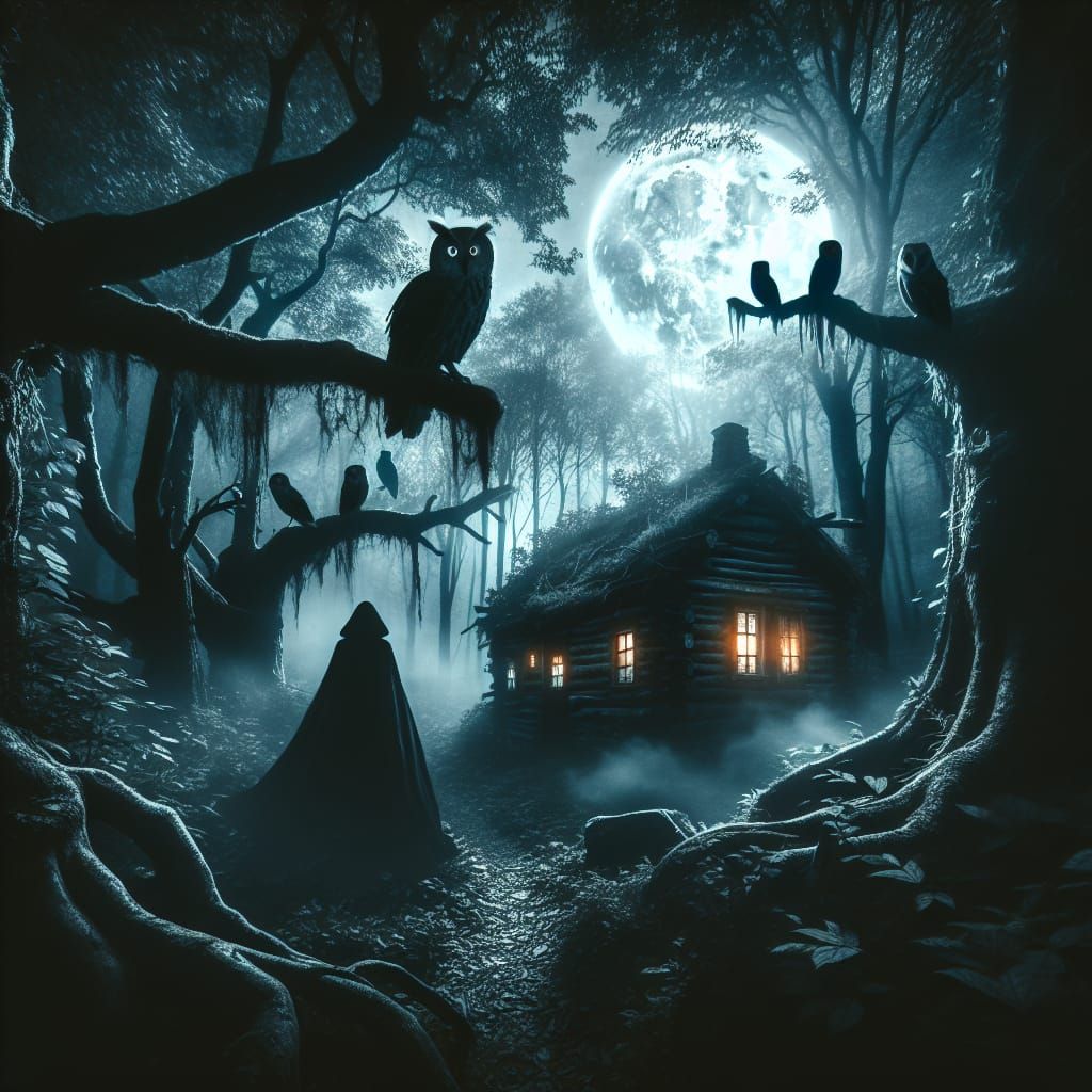 Eerie Forest Cabin Under Full Moon