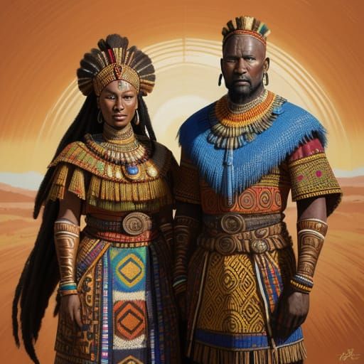 Zulu Warrior and Wife: Vibrant Oil Painting