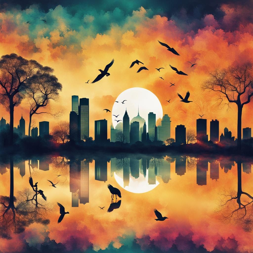 Harmonious Double Exposure: City Meets Nature in Sunset