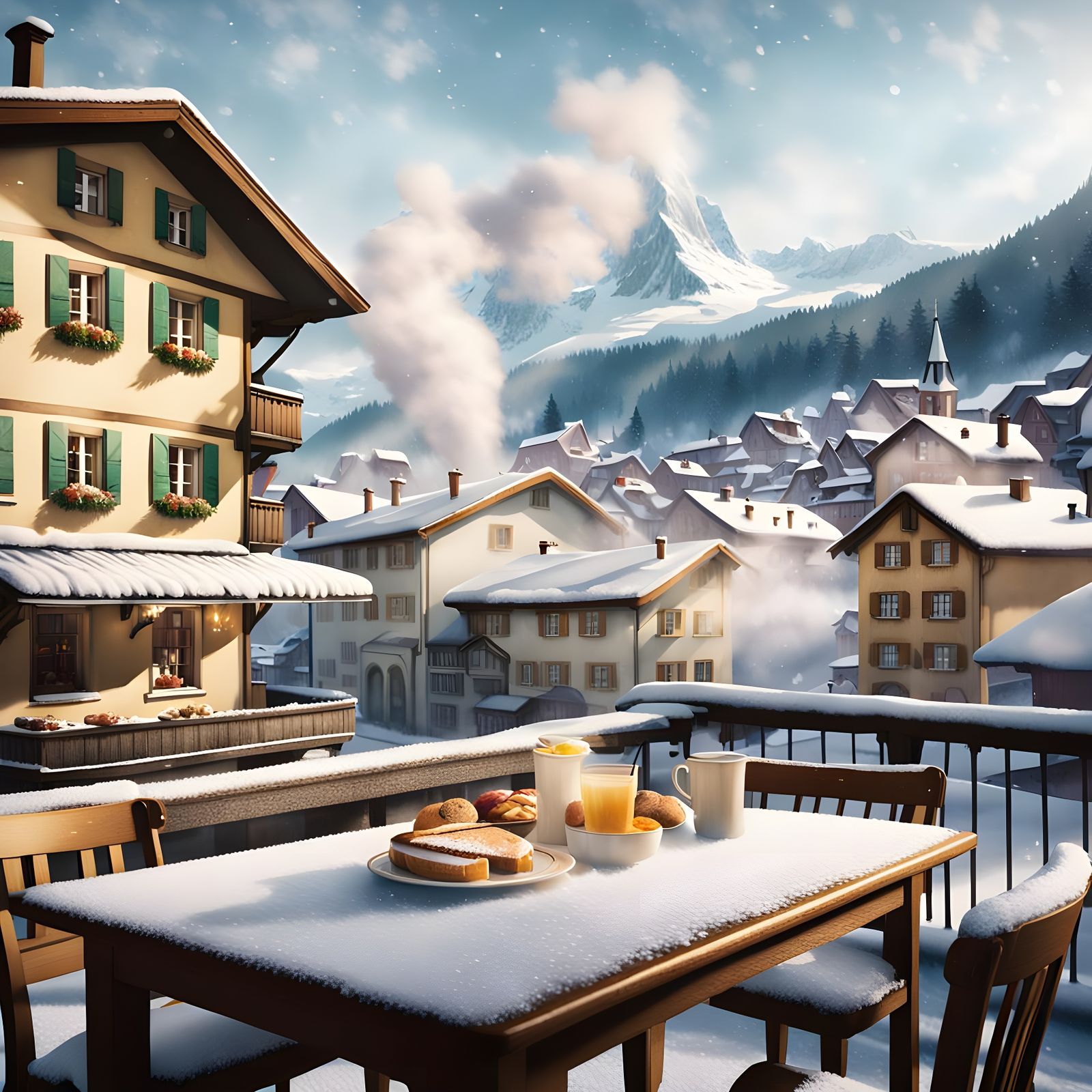 Watercolor Breakfast Scene in Snowy Switzerland