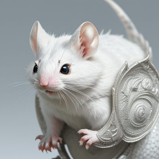 An adorable mouse riding on a white lizard. Fantasy imagination. A cute adorable fuzzy chibi white mouse, in a royal cre...