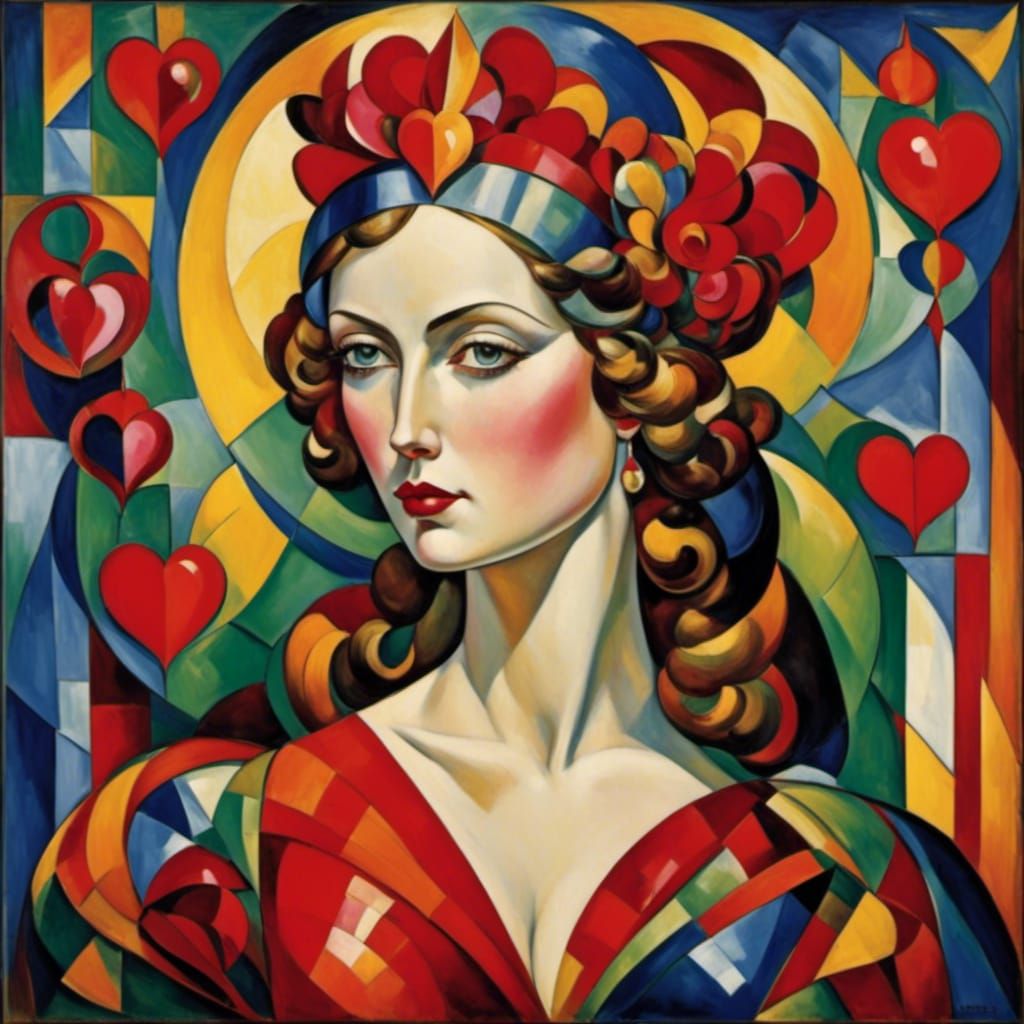 Queen of Hearts in Cubist Stained Glass Style
