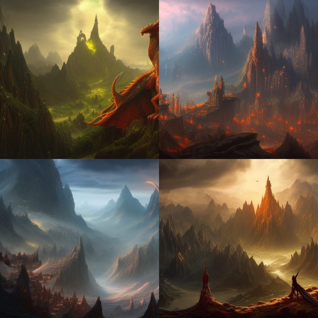 Fantasy Landscape with Dragons, Elves and Orcs