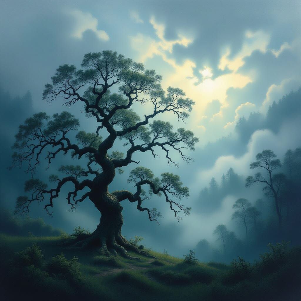 Ancient Oak in Ethereal Forest with Dramatic Light