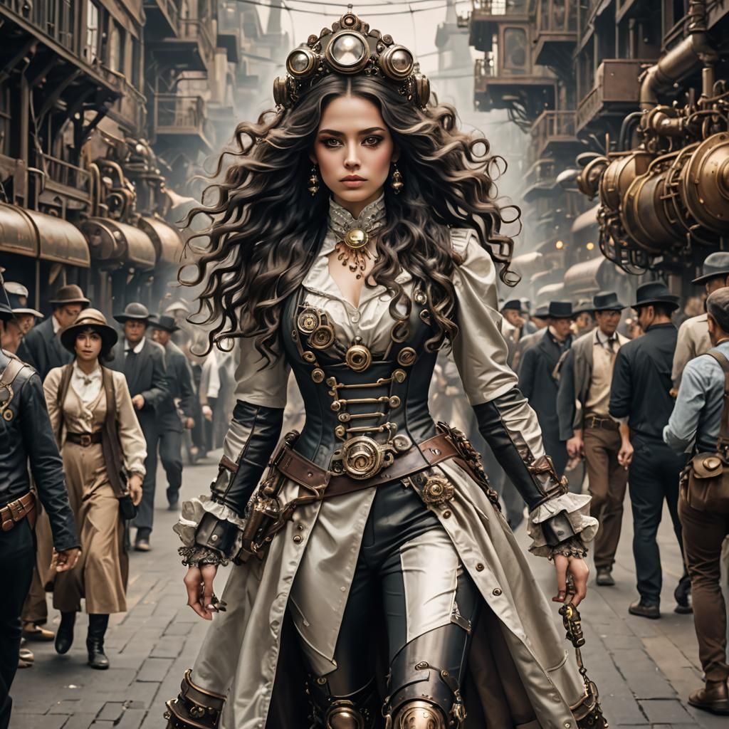 Steampunk Woman in Pearl Outfit Among Millions