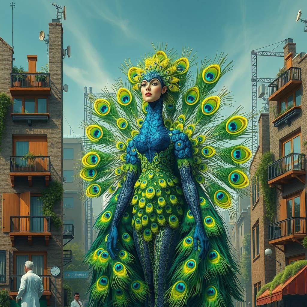 Peacock-Woman Chimera in Biopunk Cityscape