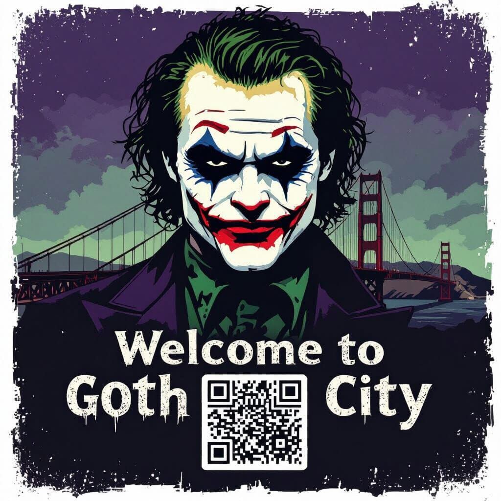 Gotham City Sticker Design with Faded Joker and Golden Gate ...