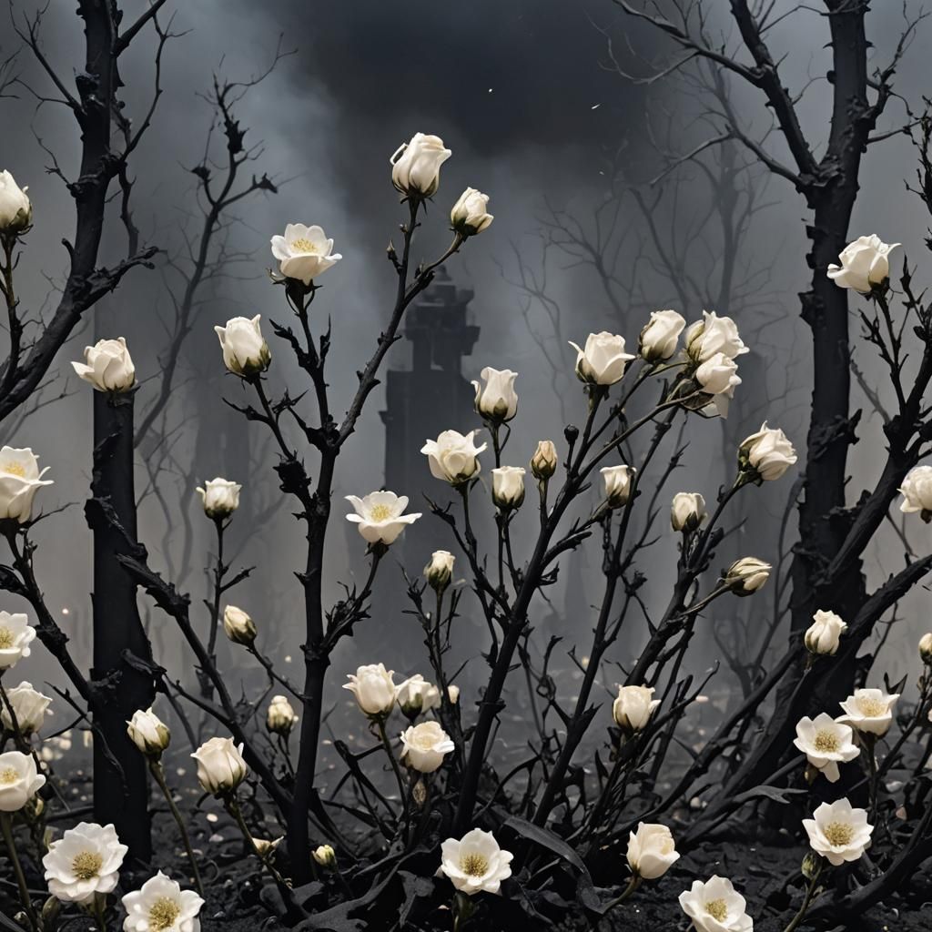 Charred Religious Monument with Emerging Flowers