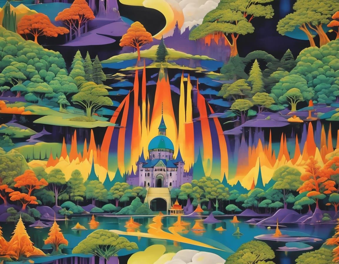 Alien Seaside With Hokusai Waves and Cosmic Ferns