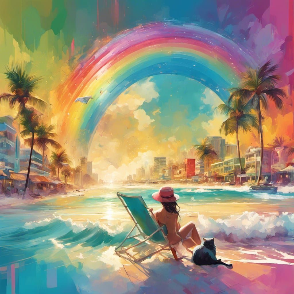 Rainbow Miami Beach Scene with Cat, Pin-Up Style