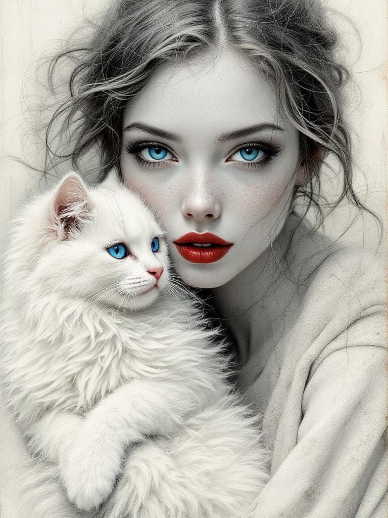 Monochrome Portrait of Woman Holding Cat, Scrimshaw Techniqu...