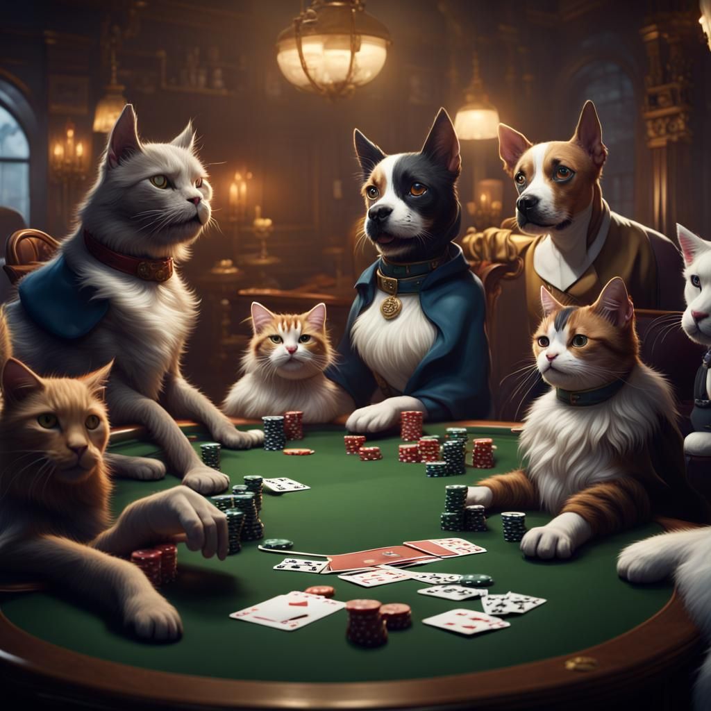 Cats and Dogs Play Poker in Detailed Matte Painting