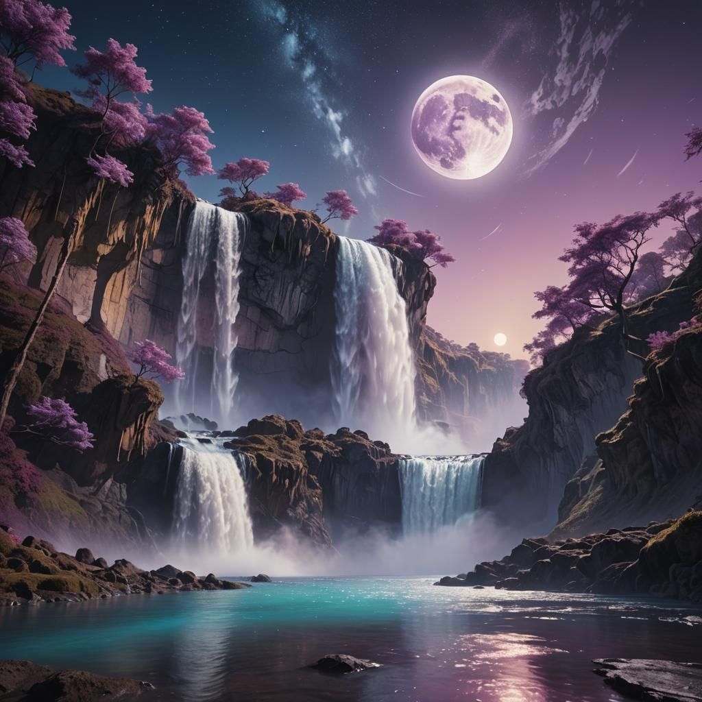 Waterfall from Moon to Earth: Surreal Landscape Art