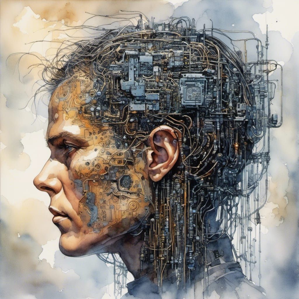 Cyberpunk Cyborg Brain in Cyberspace: Watercolor Style