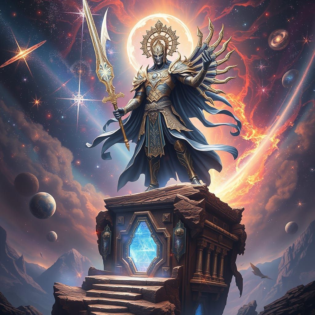 Cosmic Warrior on Crumbling Temple in Sci-Fi Style