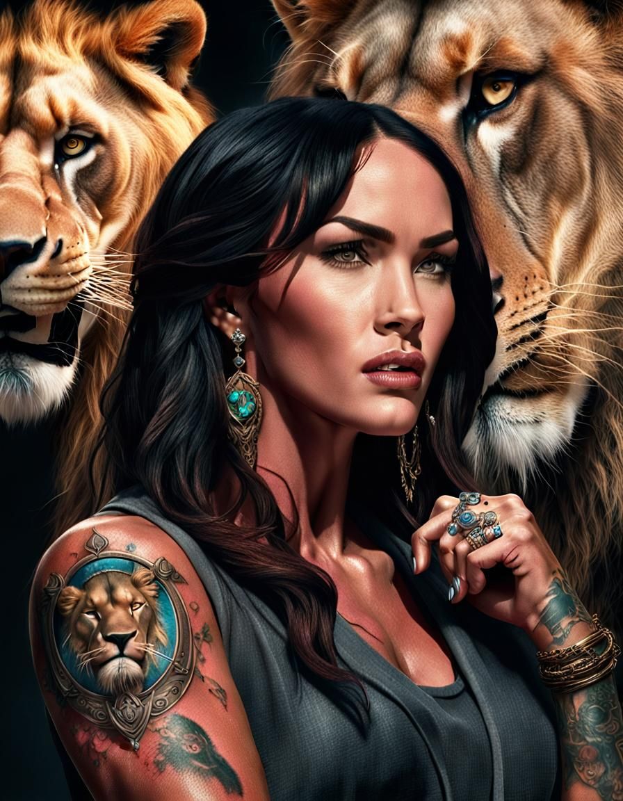 Megan Fox with Lion Tattoo: Digital Art Portrait