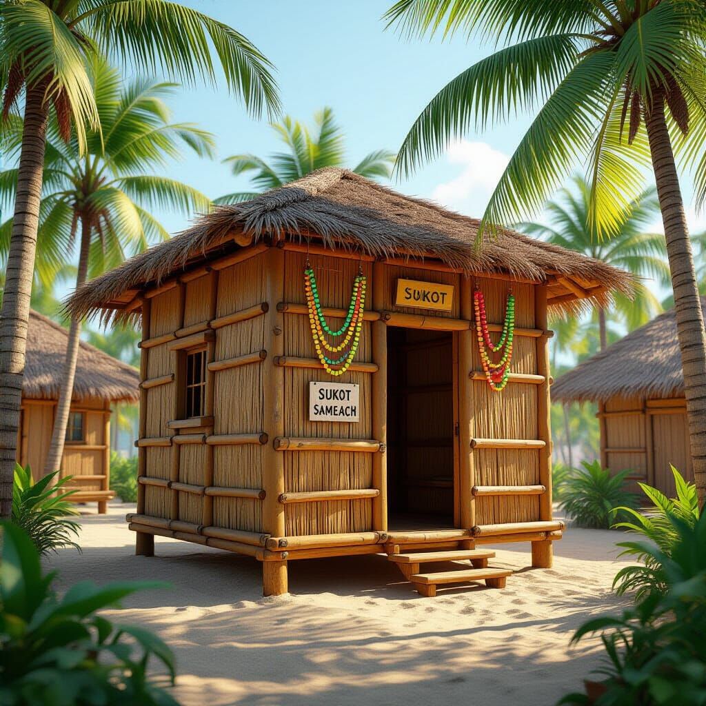 Cube Hut Covered in Palm Leaves with Sukot Sign