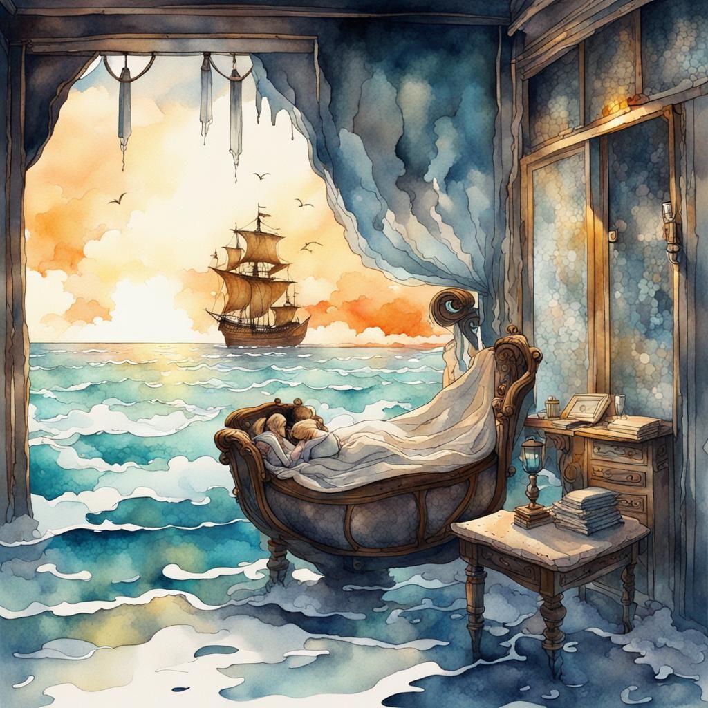 Sea Fantasy Bedroom in Watercolor Style
