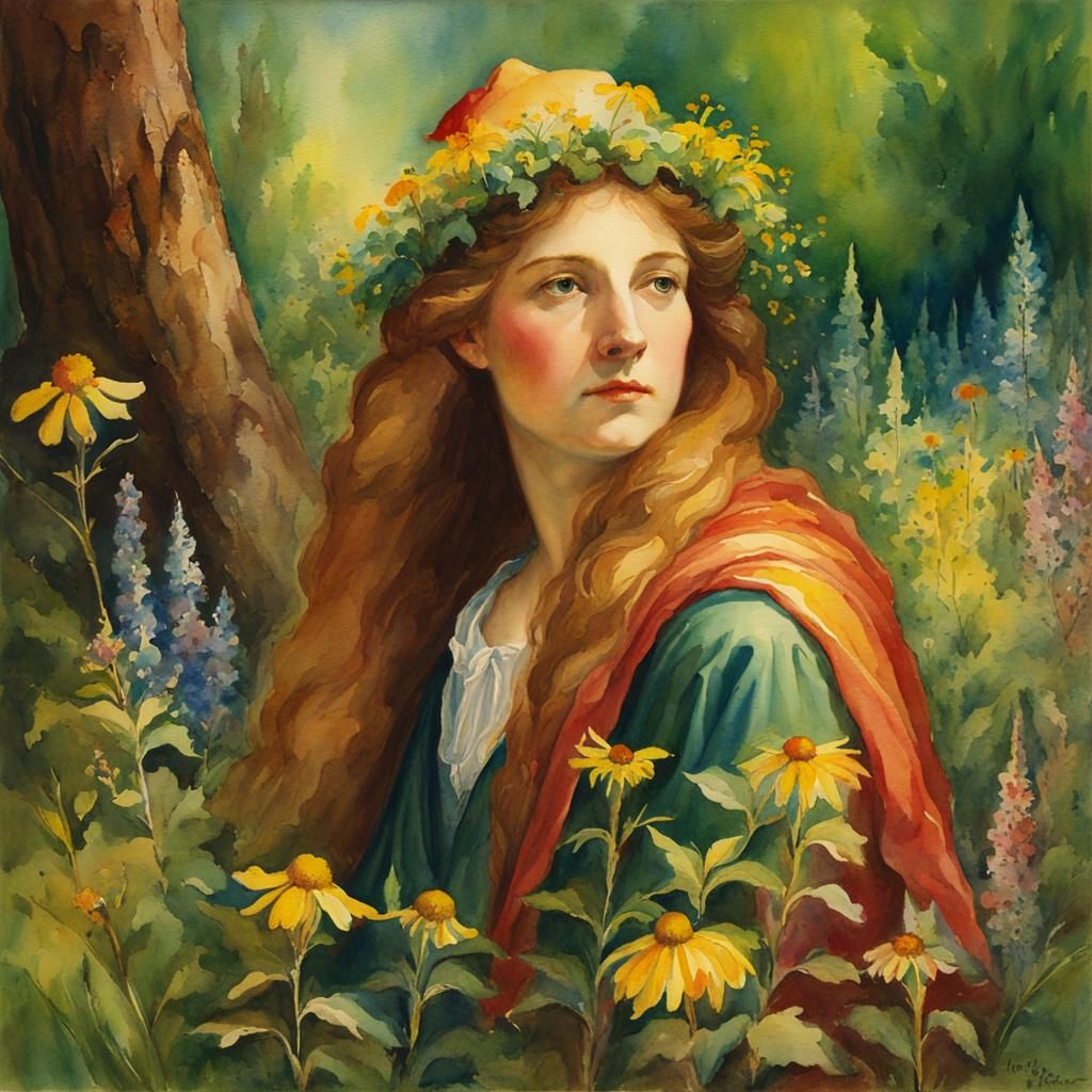 Watercolor Wizardess in Vibrant Wildflower Landscape