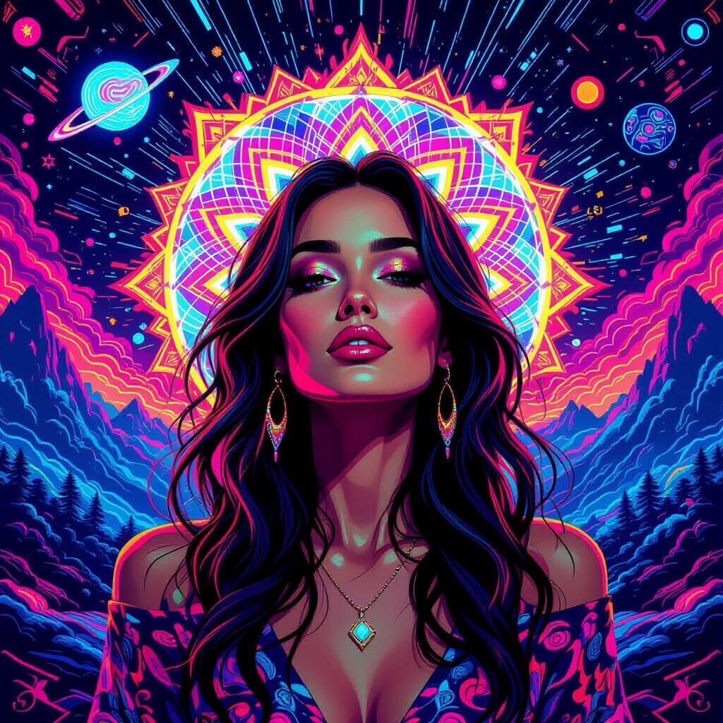Kaleidoscopic Woman in Dreamlike Neon Landscape
