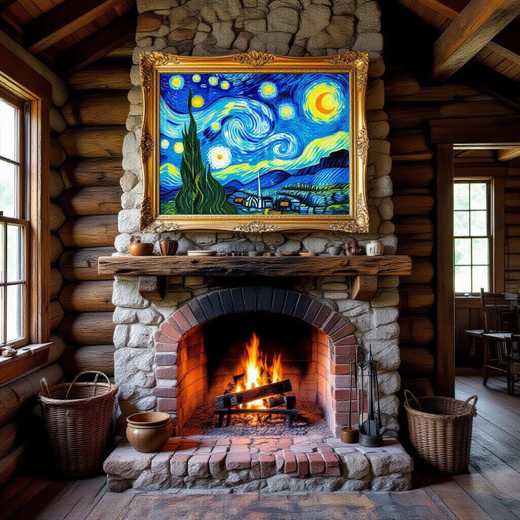 Cabin Fireplace with Post-Impressionist Oil Painting