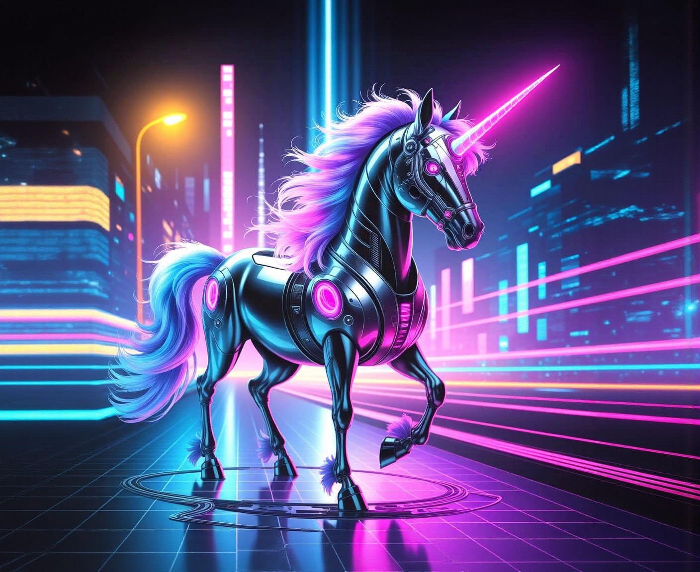 Cyberpunk Unicorn in Neon Synthwave Dreamscape