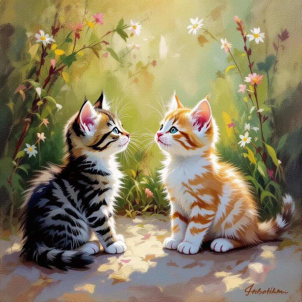 Tabby Kitten Plays with Siamese Kitten: Painting Style