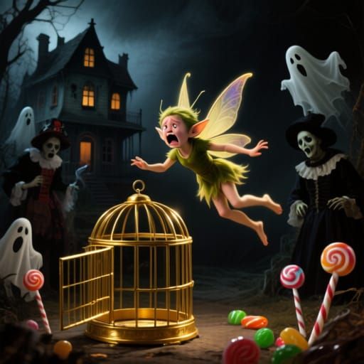 Radiant Pixie Escapes Golden Cage in Chiaroscuro Style