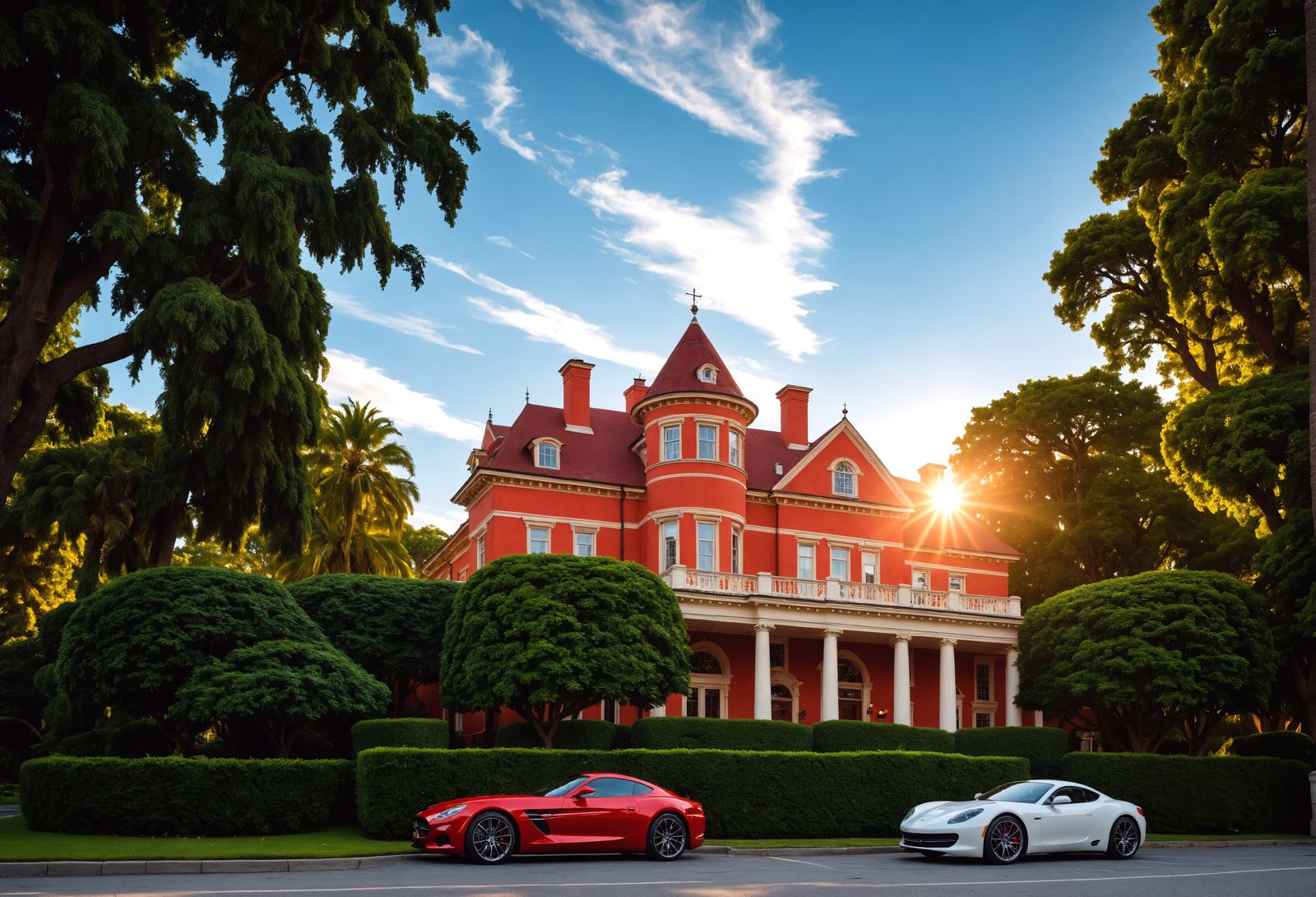 Hyperrealistic Red Mansion with Classic Cars