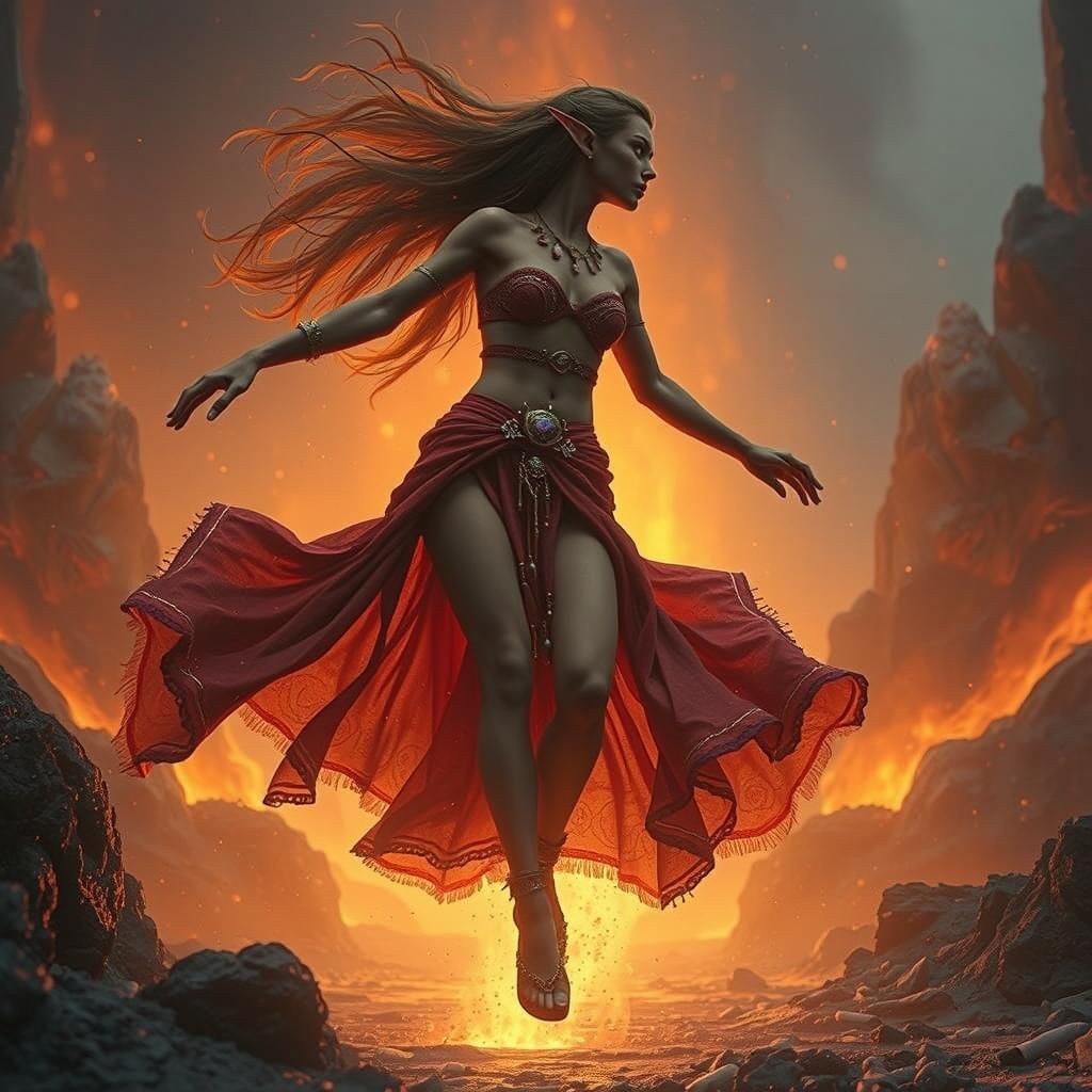 Elf Maiden Dances in Volcano: Fantasy Concept Art