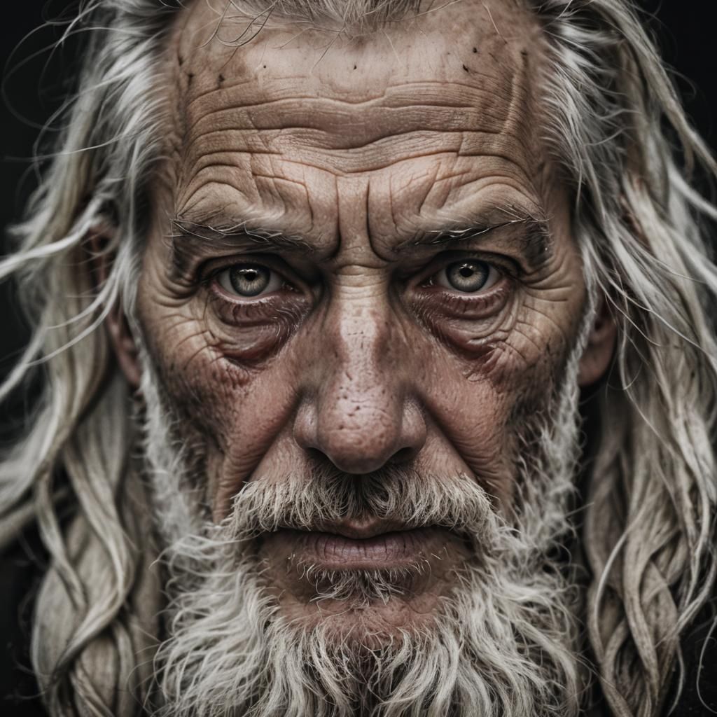 Intense Portrait of Wise Old Man with White Beard