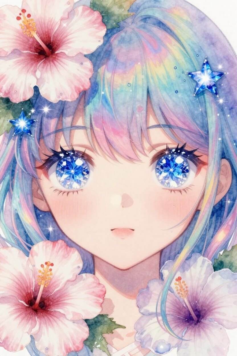 Sparkling Sapphire Anime Eyes with Rainbow Hair and Flowers