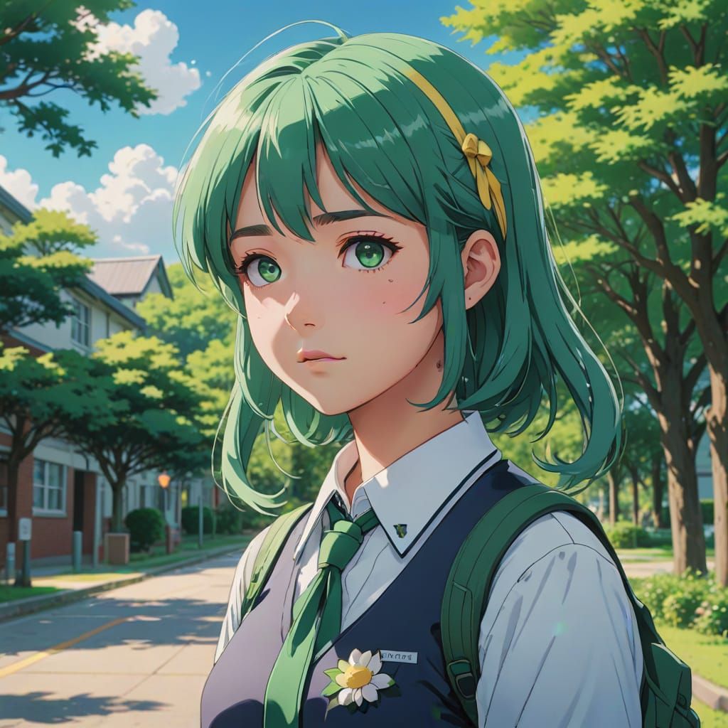Anime Schoolgirl with Green Hair in Ghibli Style