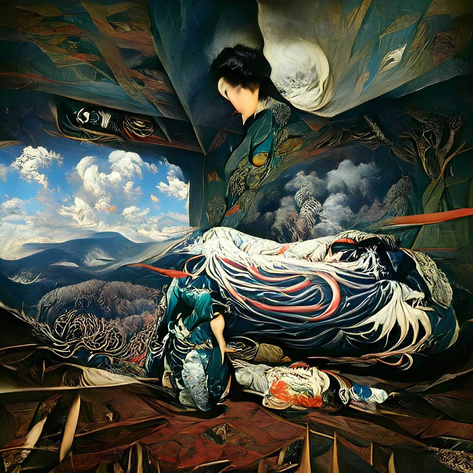 Nightmare Woman Stretching: Detailed Oil Painting