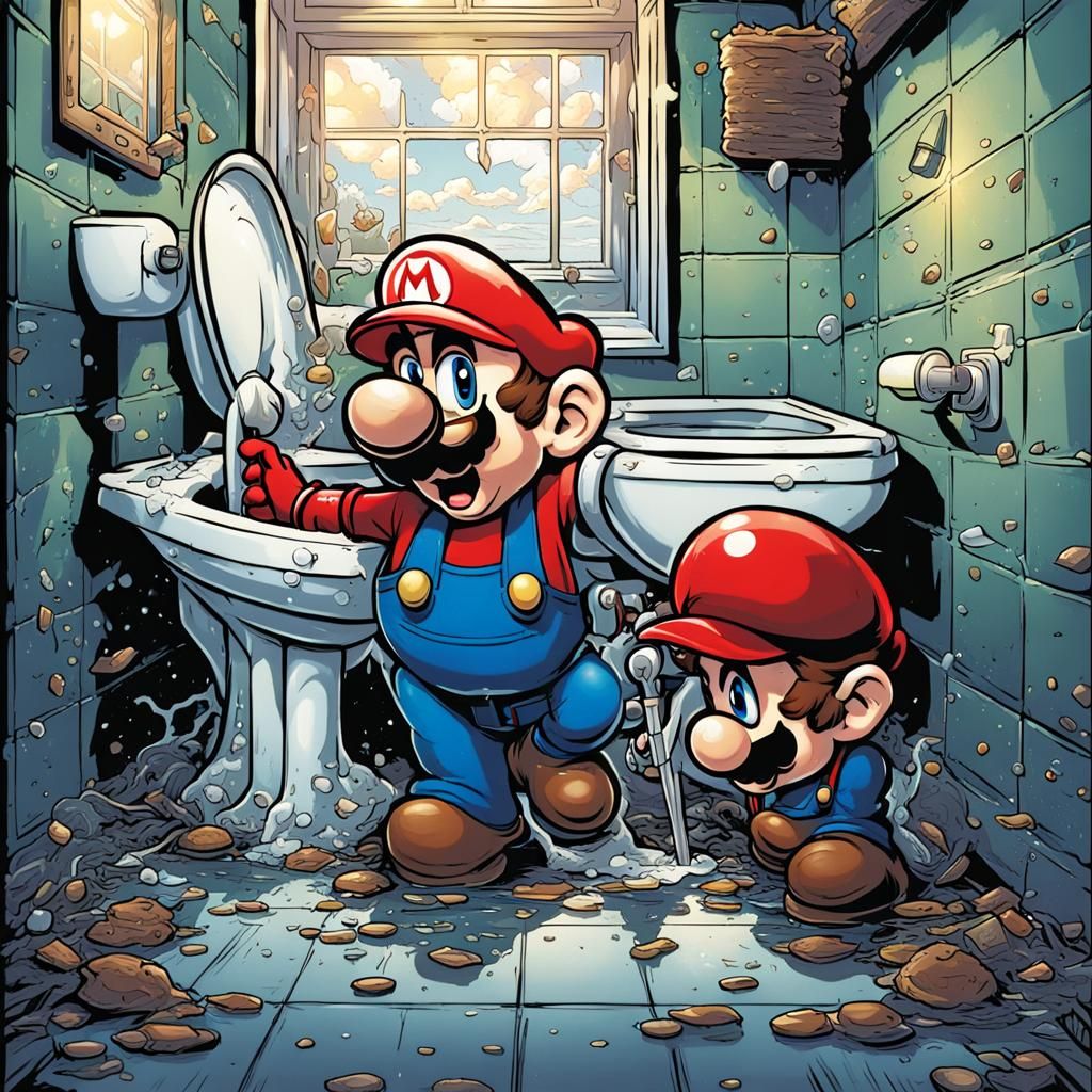 Mario Cleans a Disgusting Toilet: Comic Book Art