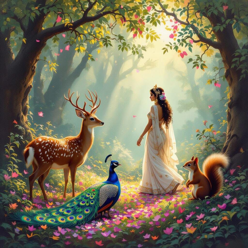 Parvati's Forest Walk with Animals, Divine Sunlight