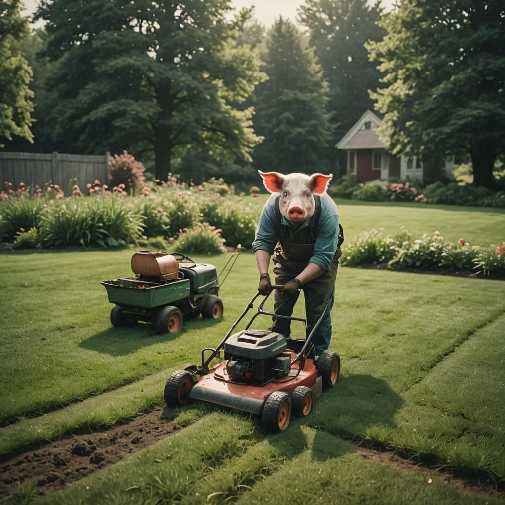 Pig Gardener Mowing Lawn in Cinematic Style