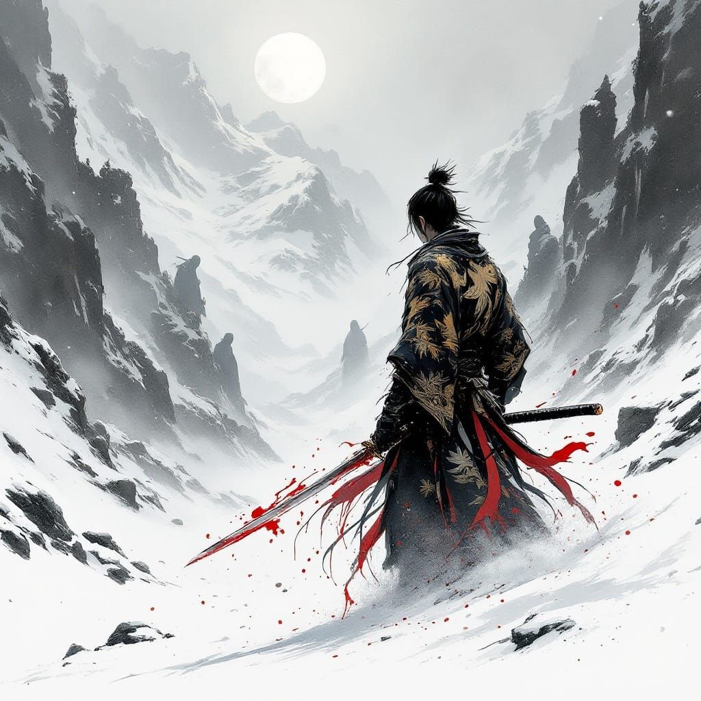 Samurai Ambush in Snowy Pass, Sumi-e Ink Painting