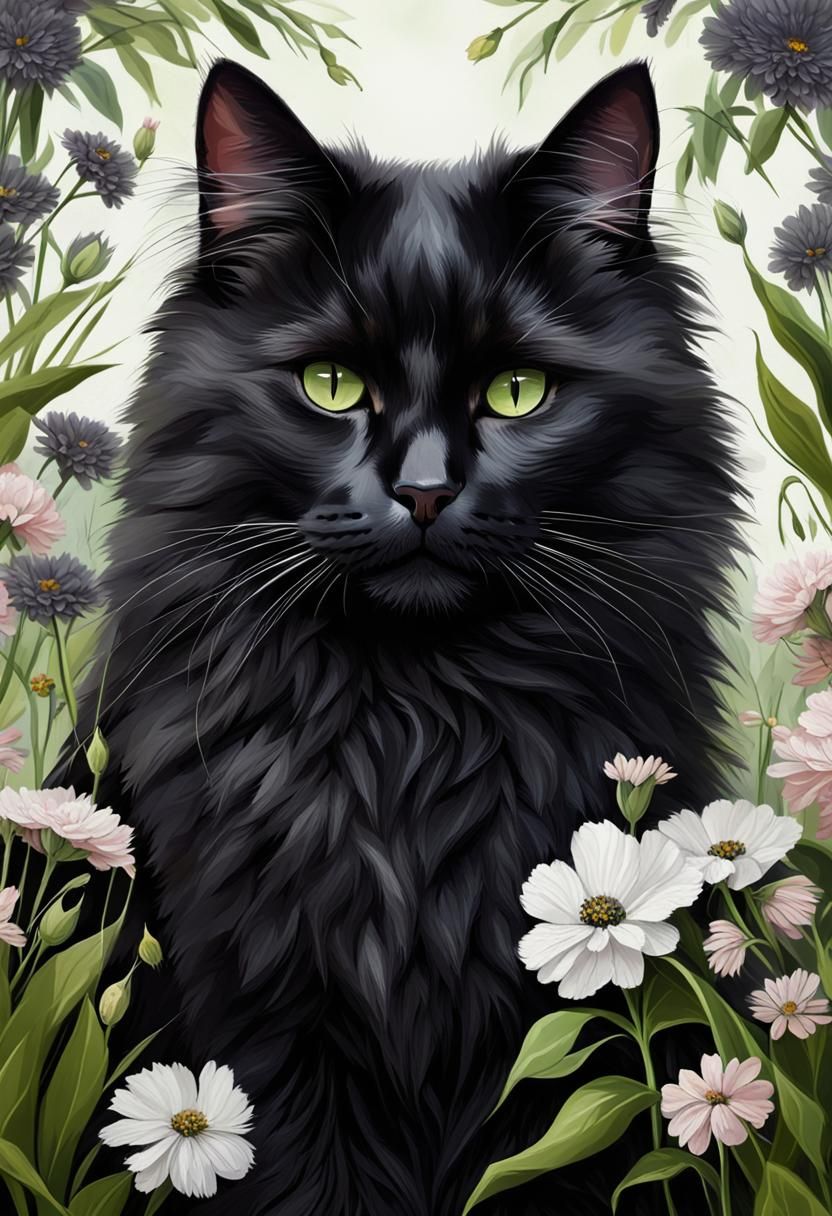 Fluffy Black Cat Surrounded by Flowers