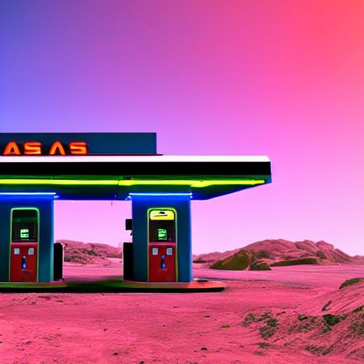 Gas Station on Mars in Synthwave Style