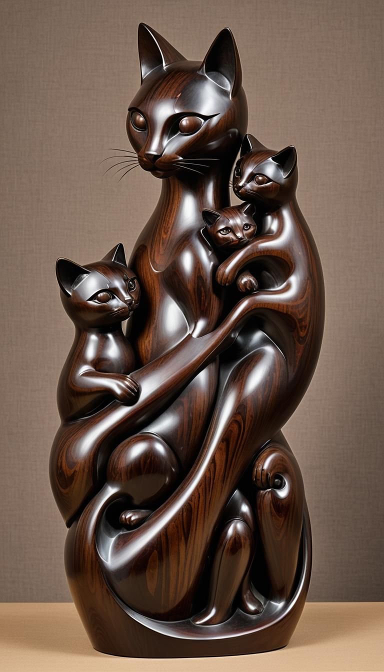 Entwined Cats: Rosewood Sculpture in Modern Style