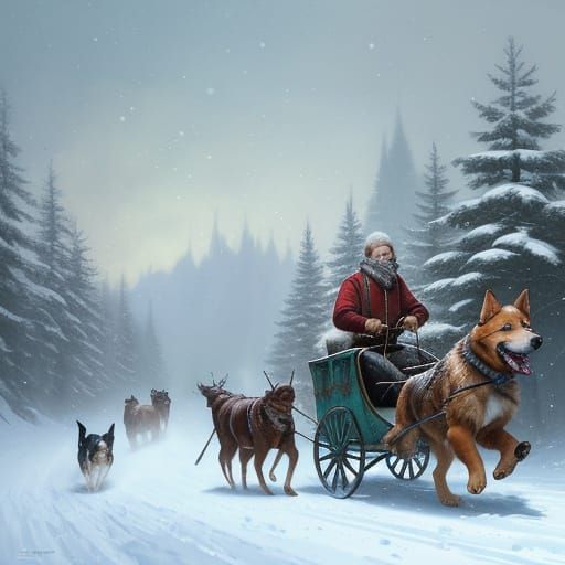 Dogs Pulling Sled Through Snowy Forest in Digital Painting