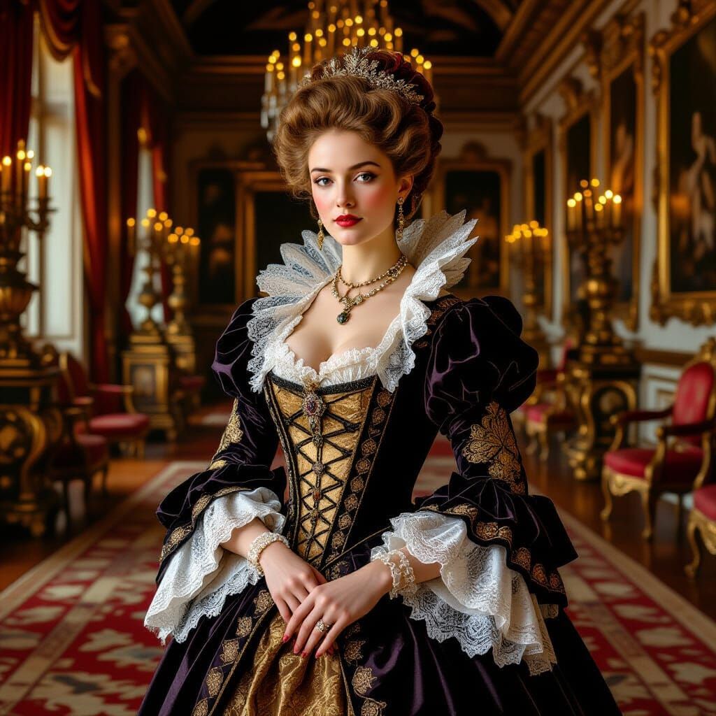 Elegant Baroque Lady in Ornate Hall