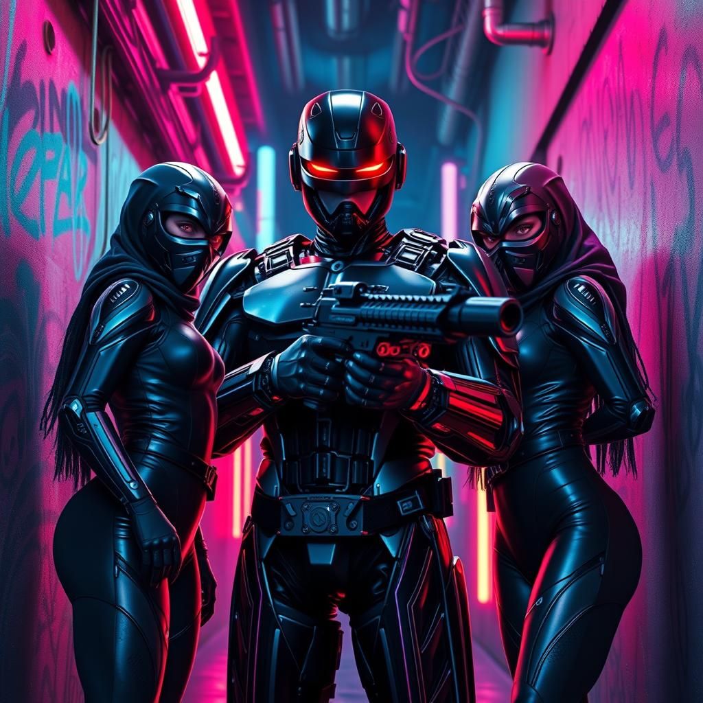 Cyberpunk Robo-Cop Showdown in Dystopian Alley
