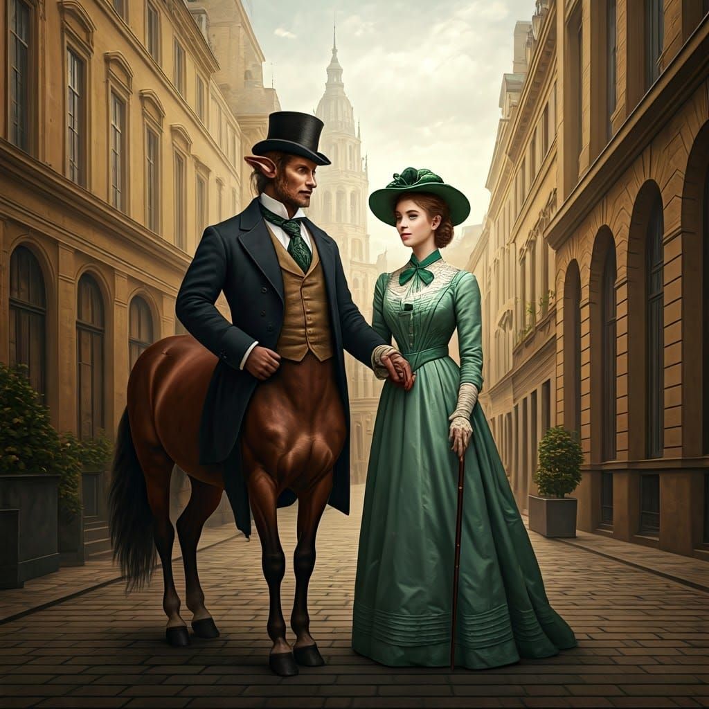 Centaur and Faun Chatting in 19th Century City