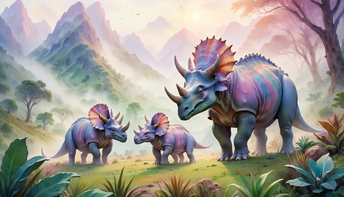 Triceratops Family Grazing in Watercolor Painting