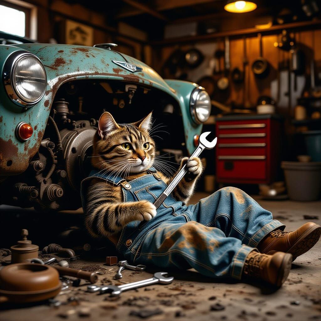 Tabby Cat Mechanic in Grimy Garage